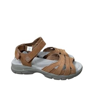 Lands End Ladies 9B Tan Brown Suede Comfy Strap Sandals-2 Easy Strap Adjustments